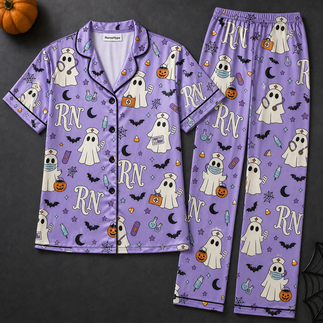 Lavender Ghost Nurse Trick-or-Treat Satin Pajama Set