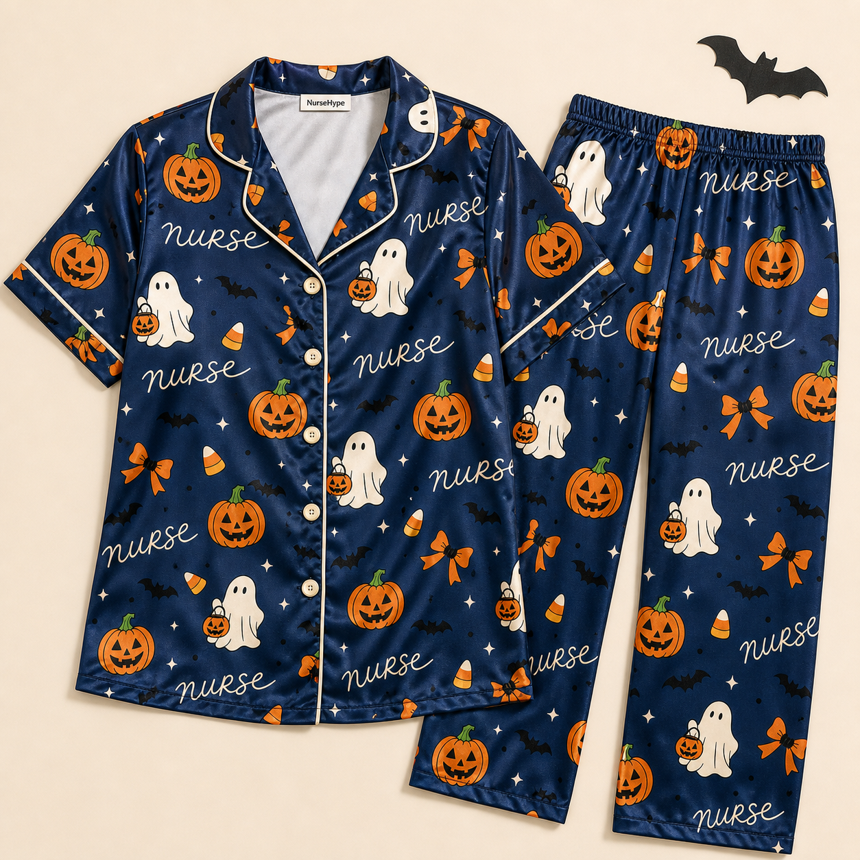 Trick or Treat Nurse Halloween Satin Pajama Set - Long flat lay