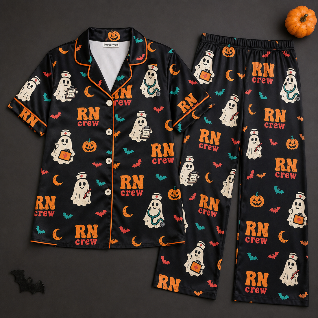 Black RN Crew Ghost Halloween Satin Pajama Set
