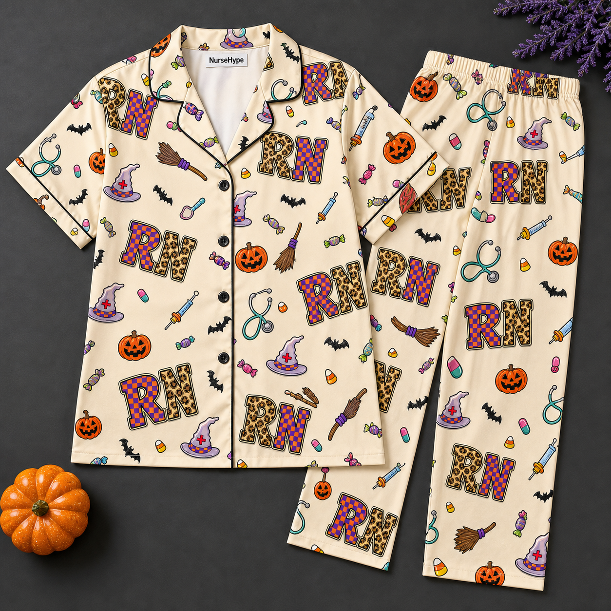 Leopard RN Halloween Candy Satin Pajama Set