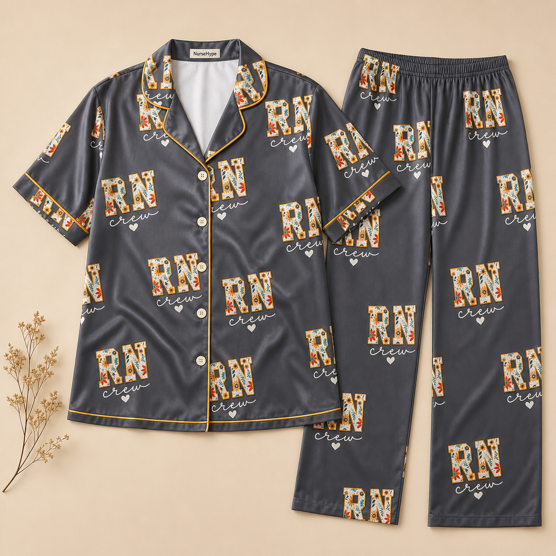 RN Crew Sunflower Floral Satin Pajama Set - Short flat lay