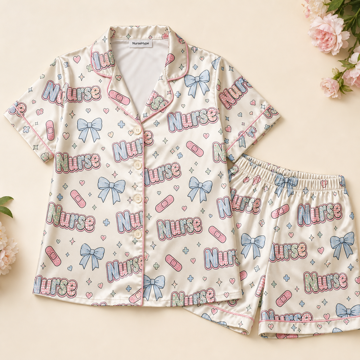 Cute Nurse Bandage Bow Satin Pajama Set - Short flat lay