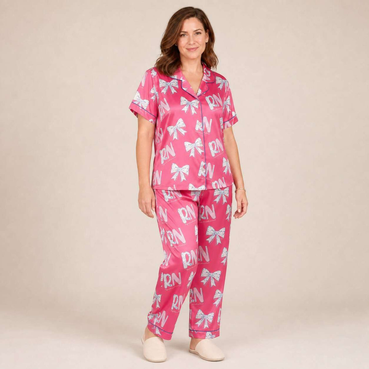 RN Registered Nurse Hot Pink Floral Bow Satin Pajama Set