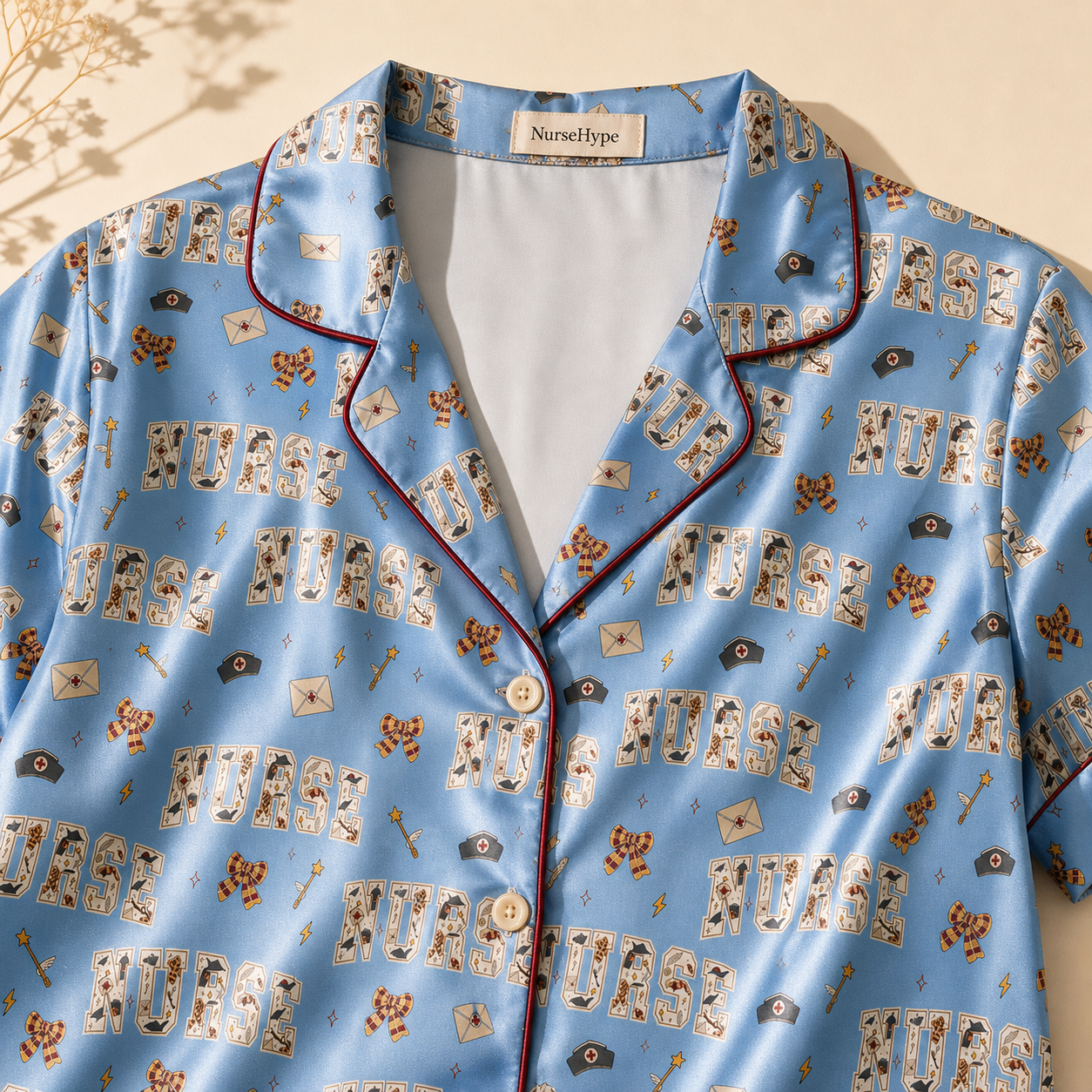Wizard School Nurse Wand Satin Pajama Set - Collar detail
