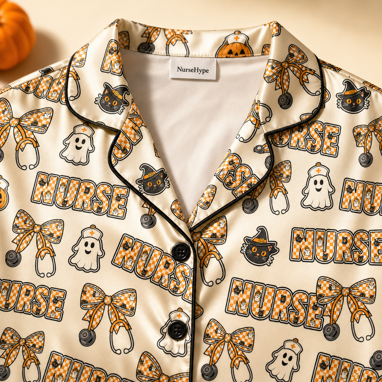 Black Cat Ghost Nurse Halloween Satin Pajama Set - Collar detail