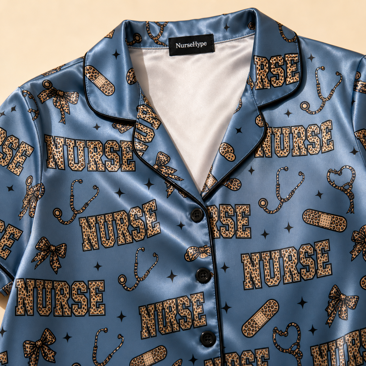 Leopard Print Nurse Bow Bandage Blue Satin Pajama Set - Collar Close Up
