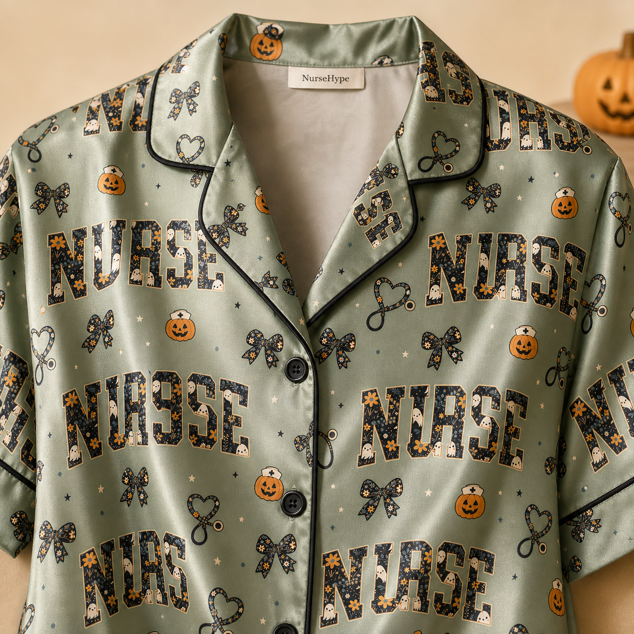 Sage Green Pumpkin Nurse Halloween Satin Pajama Set