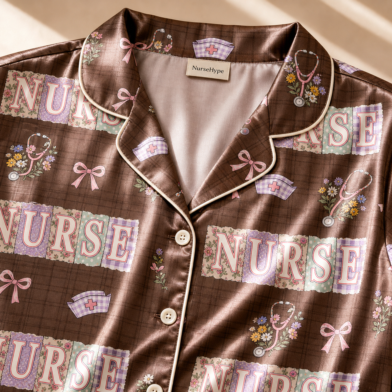 Registered Nurse Patchwork Floral Bow Brown Satin Pajama Set - Collar Close Up