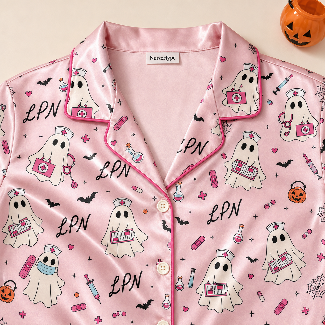 Pink Ghost Nurse LPN Halloween Satin Pajama Set - Collar close up