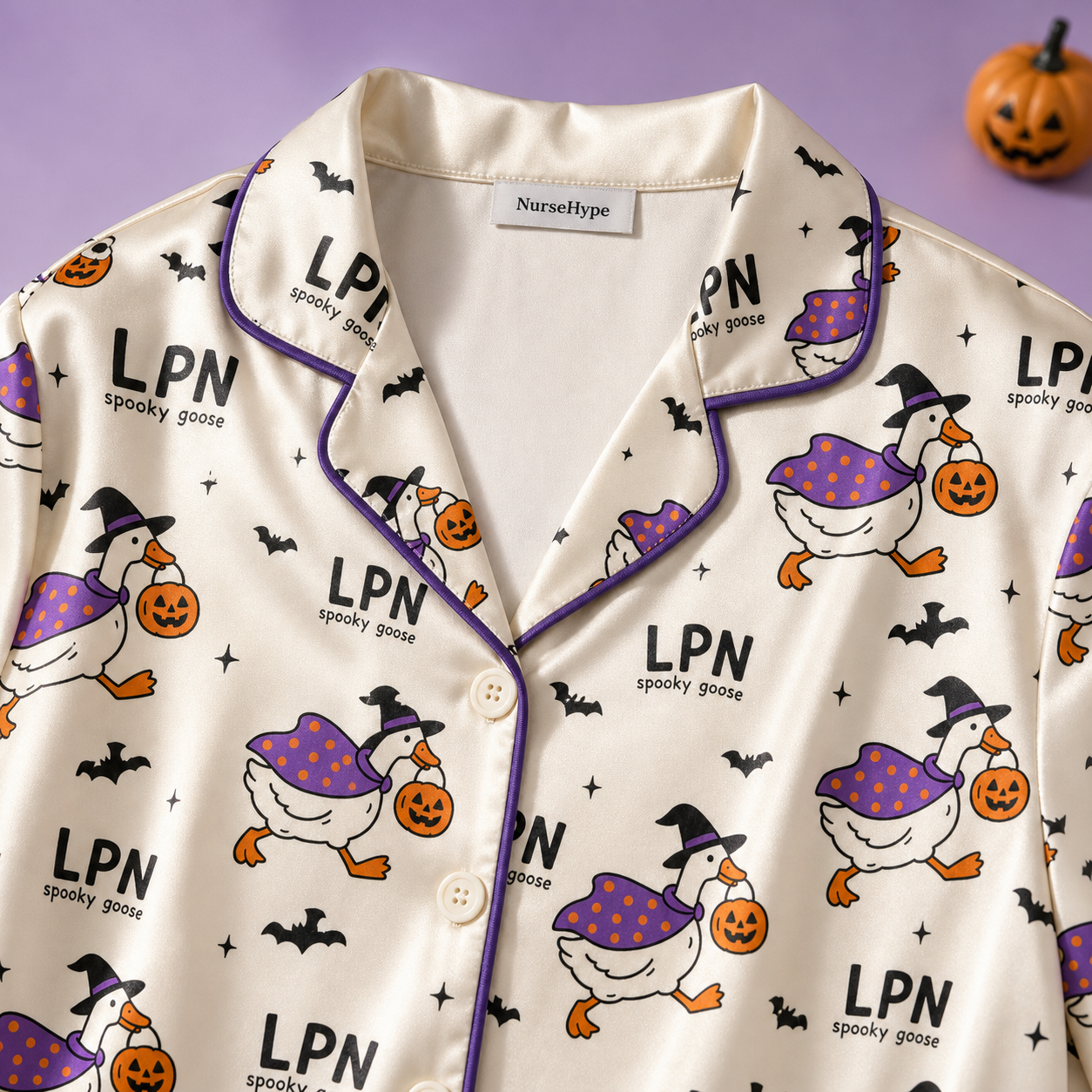 Spooky Goose LPN Halloween Satin Pajama Set - Collar close up