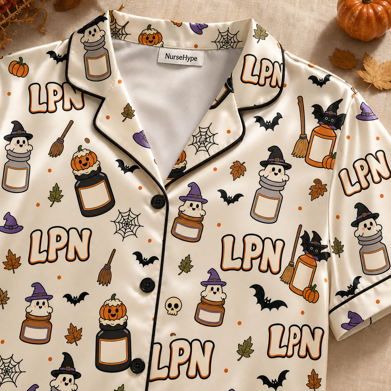 Witch Jar Ghost LPN Halloween Satin Pajama Set - Collar close up