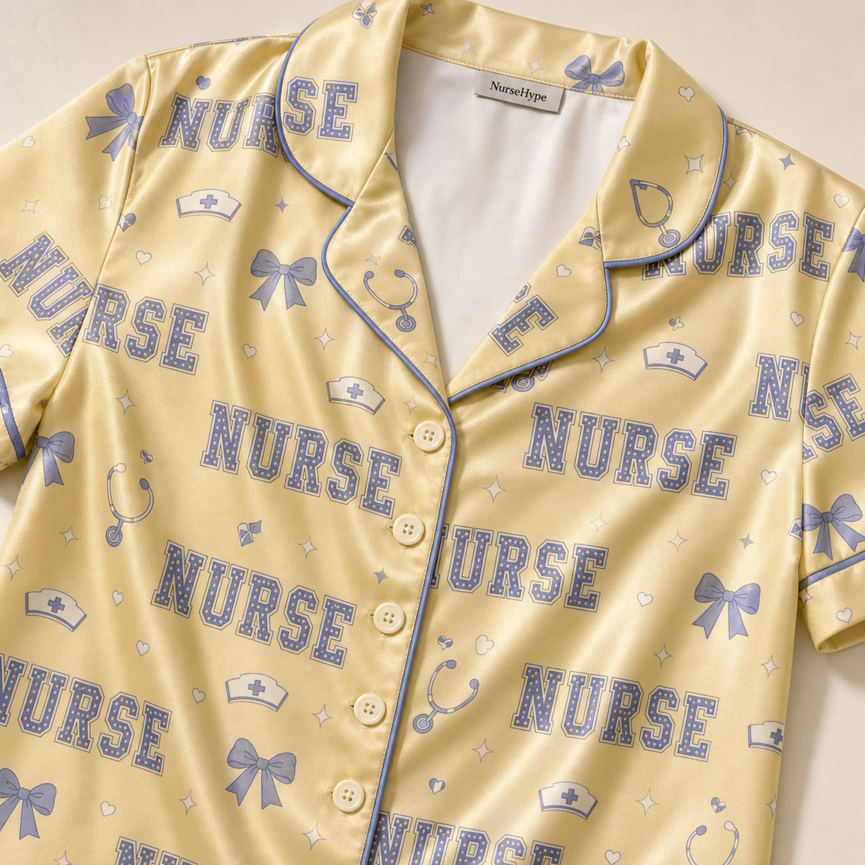 Polka Dot Nurse Bow Satin Pajama Set - Collar Close Up