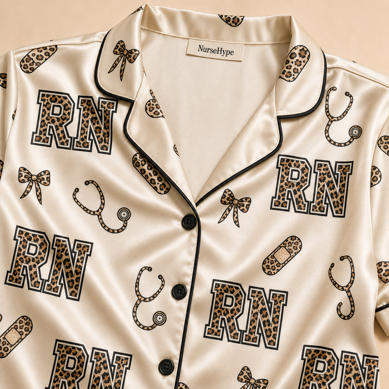 RN Leopard Print Varsity Bow Cream Satin Pajama Set - Collar Close Up