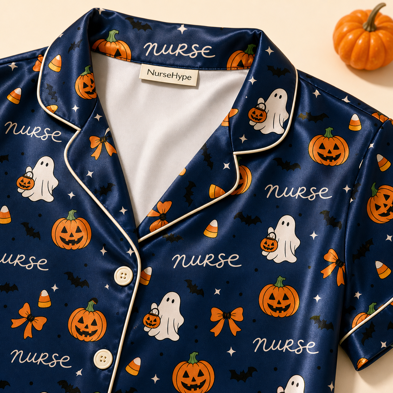 Trick or Treat Nurse Halloween Satin Pajama Set - Collar detail