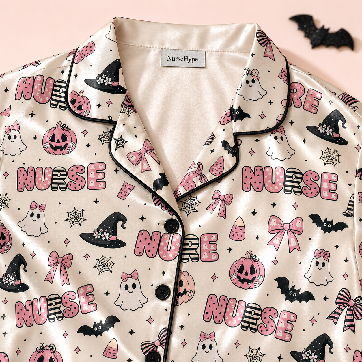 Pink Pumpkin Witch Hat Nurse Halloween Satin Pajama Set - Collar detail