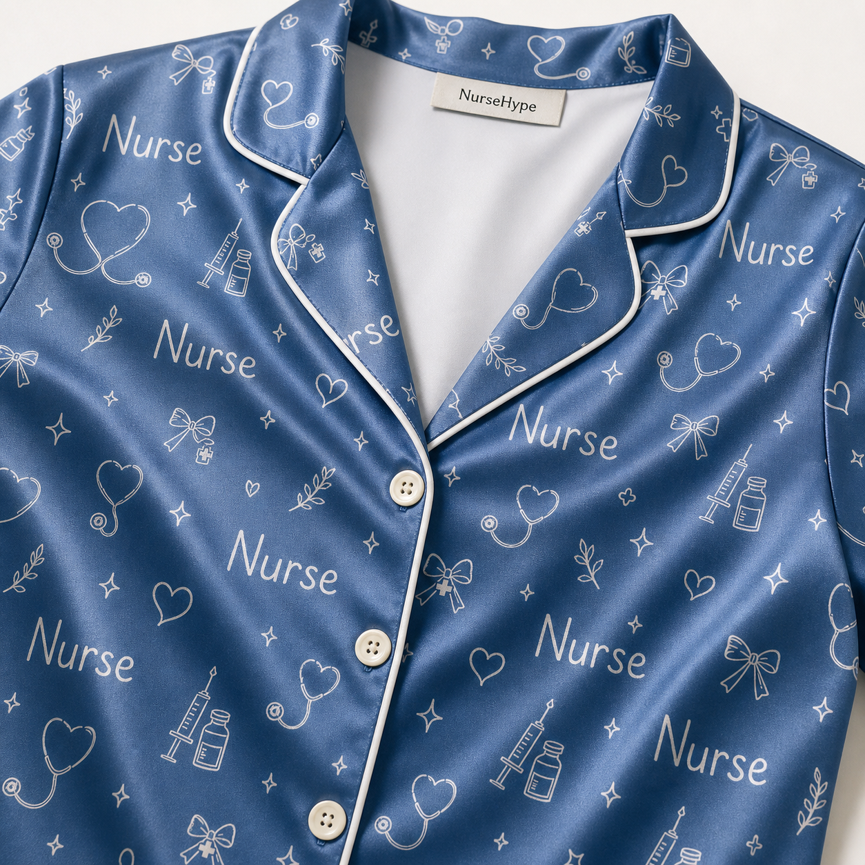 Dainty Nurse Stethoscope Doodle Satin Pajama Set - Collar Close Up