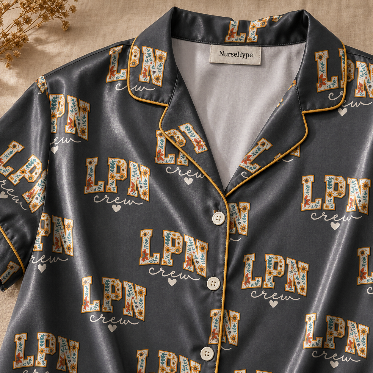 Grey Floral LPN Crew Satin Pajama Set