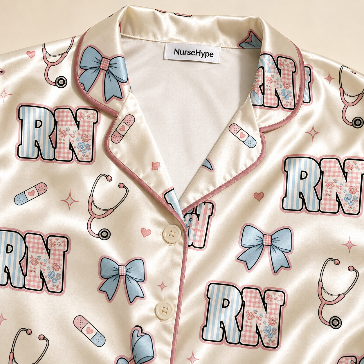 RN Patchwork Stripe Blue Bow Heart Satin Pajama Set - Collar Close Up