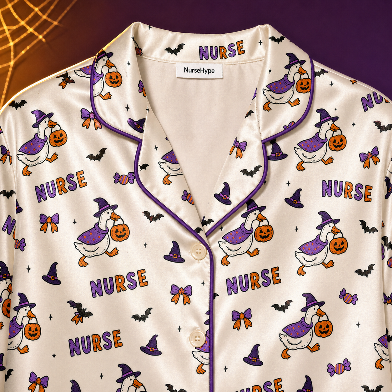 Witch Duck Nurse Halloween Satin Pajama Set - Collar detail