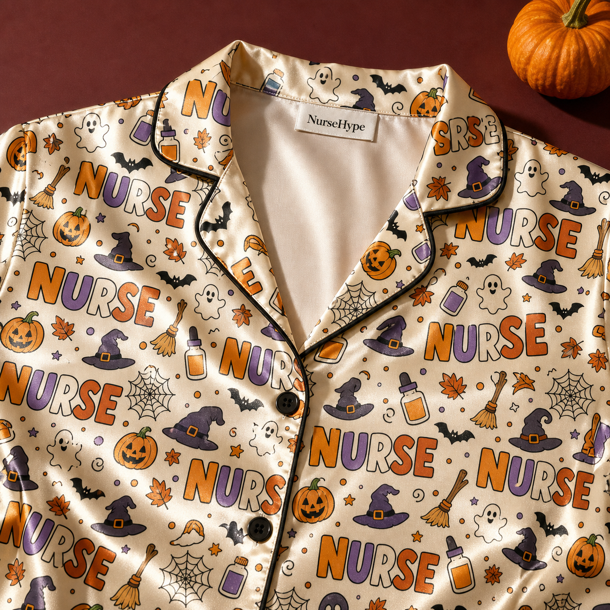 Halloween Nurse Witch Broom Skull Satin Pajama Set - Collar detail