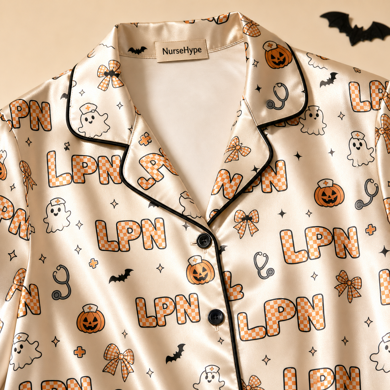 Checkered Ghost Pumpkin LPN Halloween Satin Pajama Set