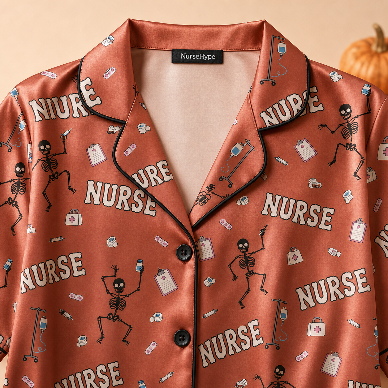 Dancing Skeleton Nurse Halloween Satin Pajama Set - Collar detail