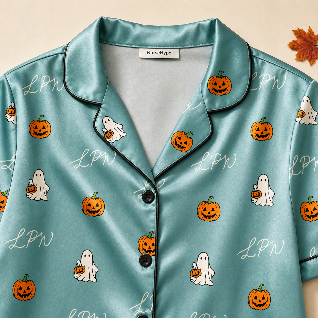 Sage Ghost Pumpkin LPN Halloween Satin Pajama Set - Collar close up