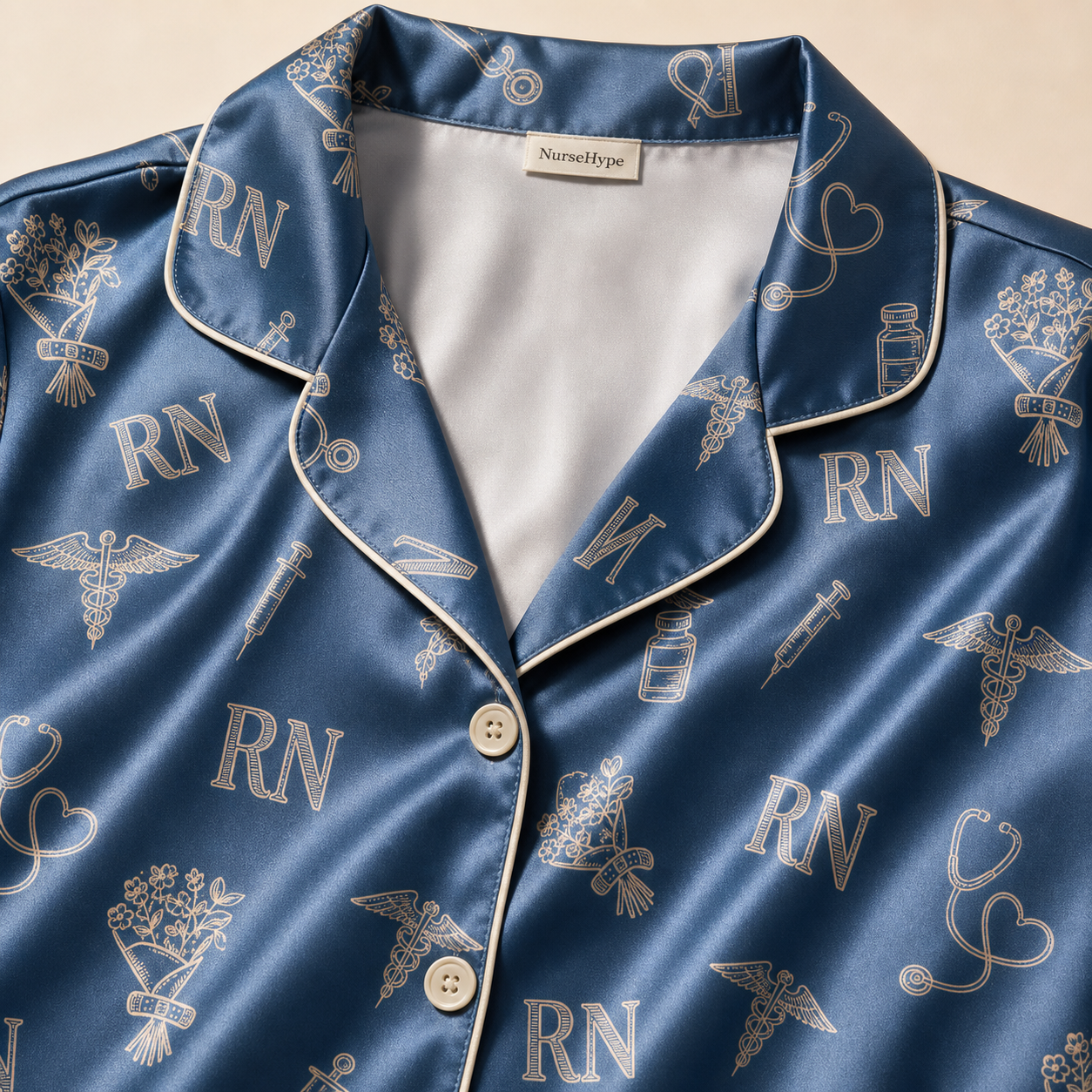 RN Navy Blue Medical Icons Line Art Satin Pajama Set - Collar Close Up