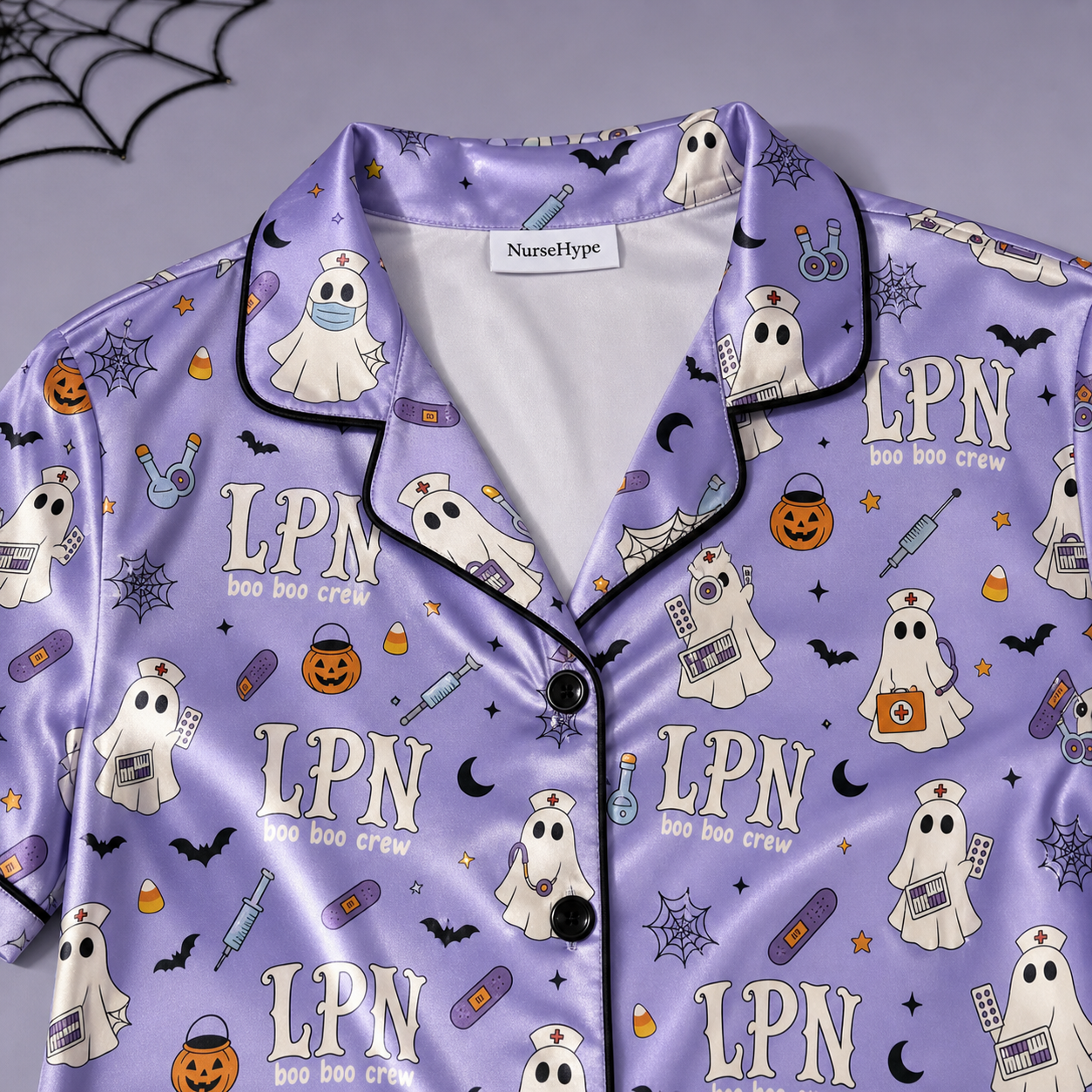 LPN Boo Boo Crew Halloween Ghost Satin Pajama Set - Collar close up