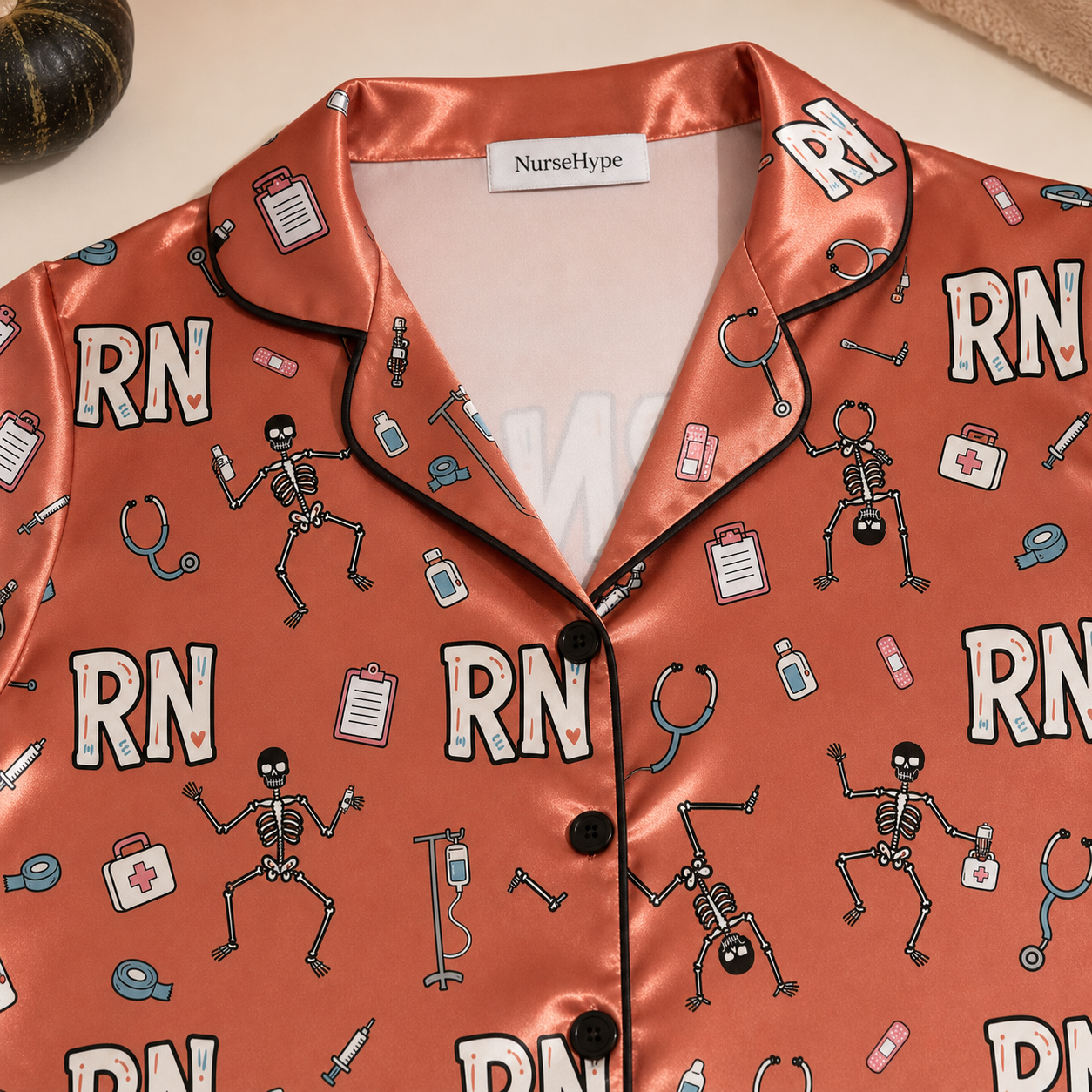 Dancing Skeleton RN Halloween Satin Pajama Set