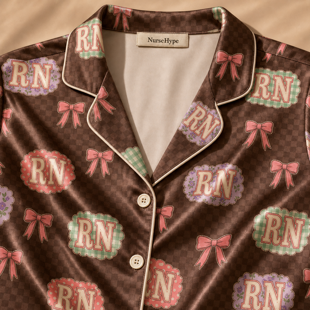 RN Scalloped Patch Bow Brown Plaid Satin Pajama Set - Collar Close Up