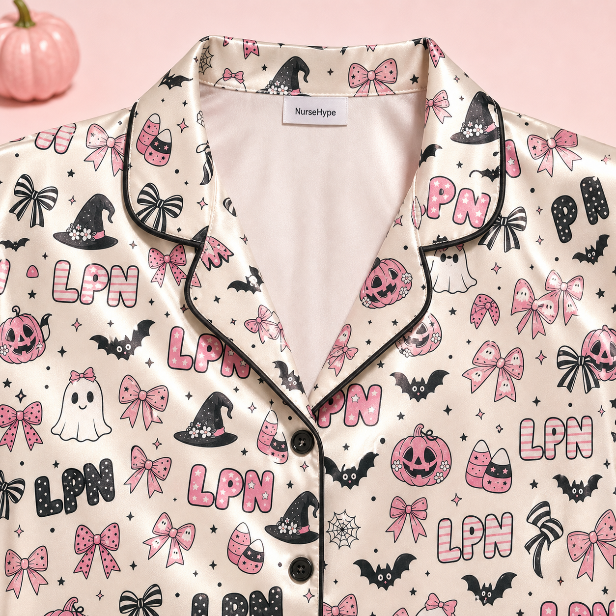 Pink Pumpkin Bow LPN Halloween Satin Pajama Set - Collar close up