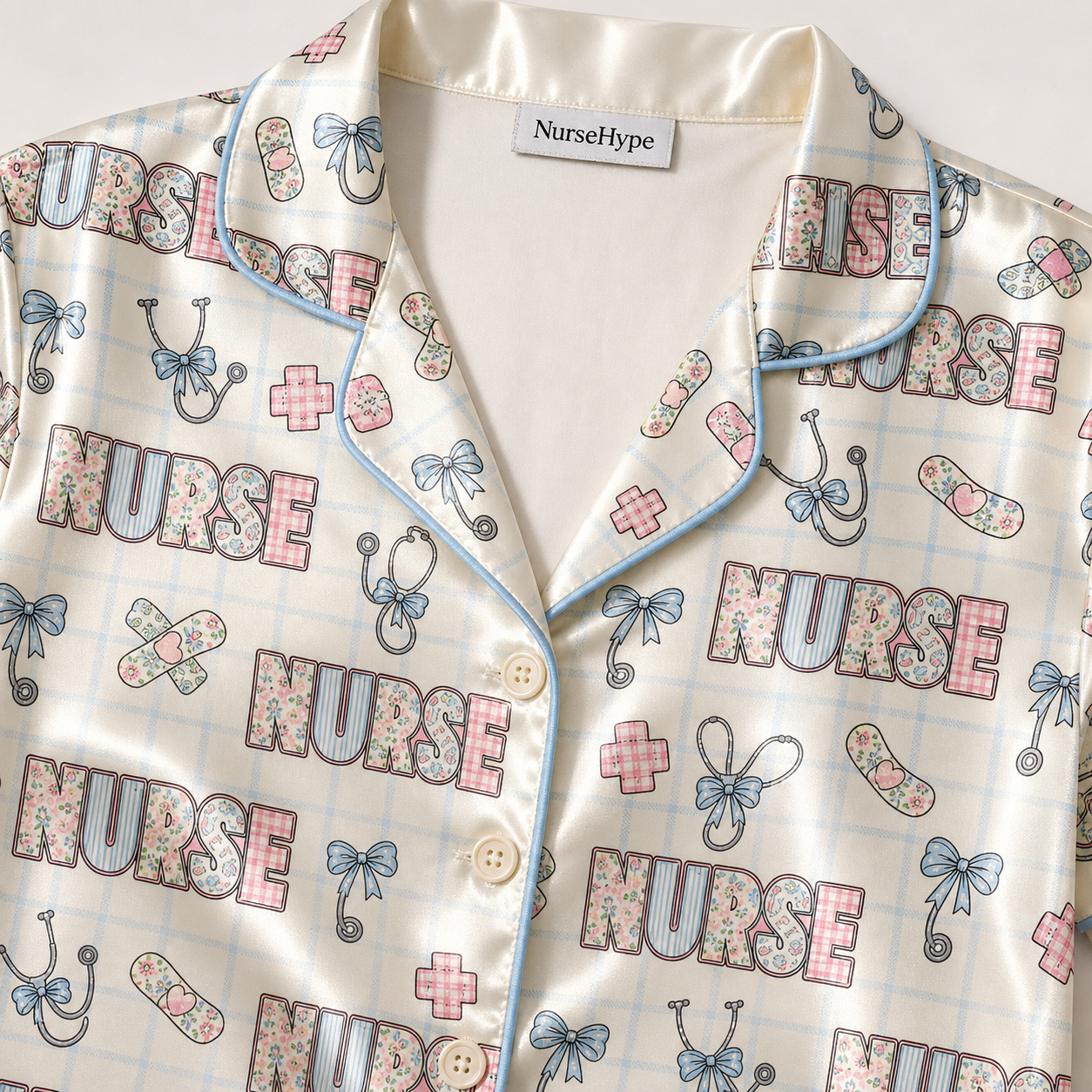Pastel Gingham Nurse Bow Satin Pajama Set - Collar Close Up