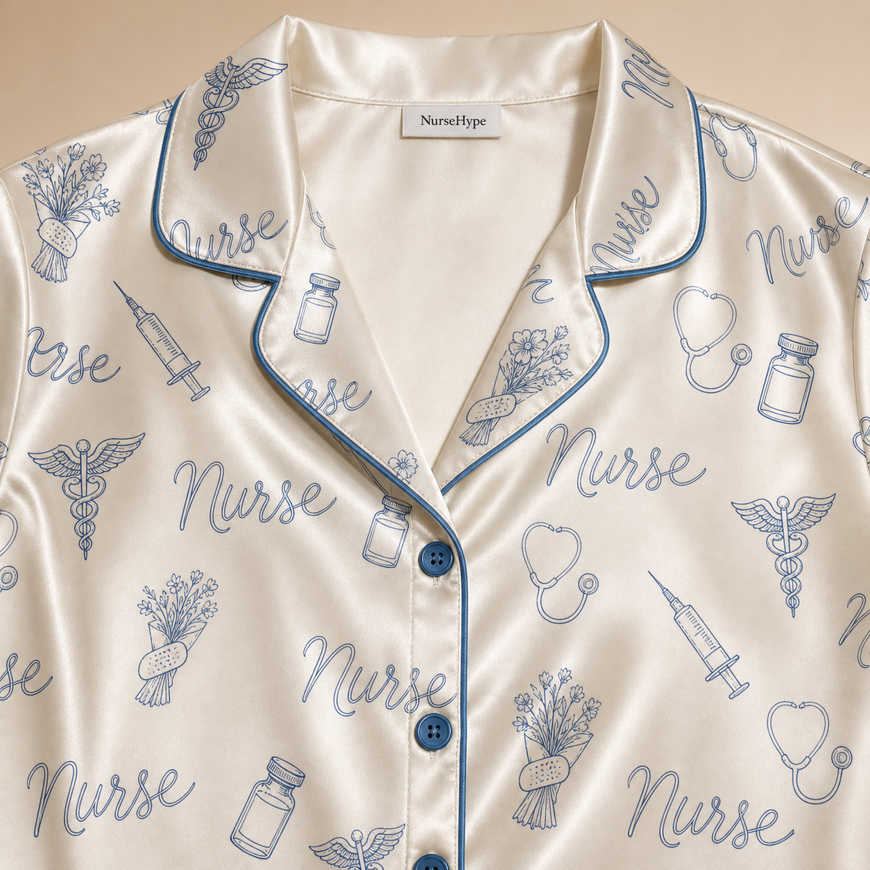 Nurse Caduceus Floral Bouquet Line Art Satin Pajama Set - Collar Close Up