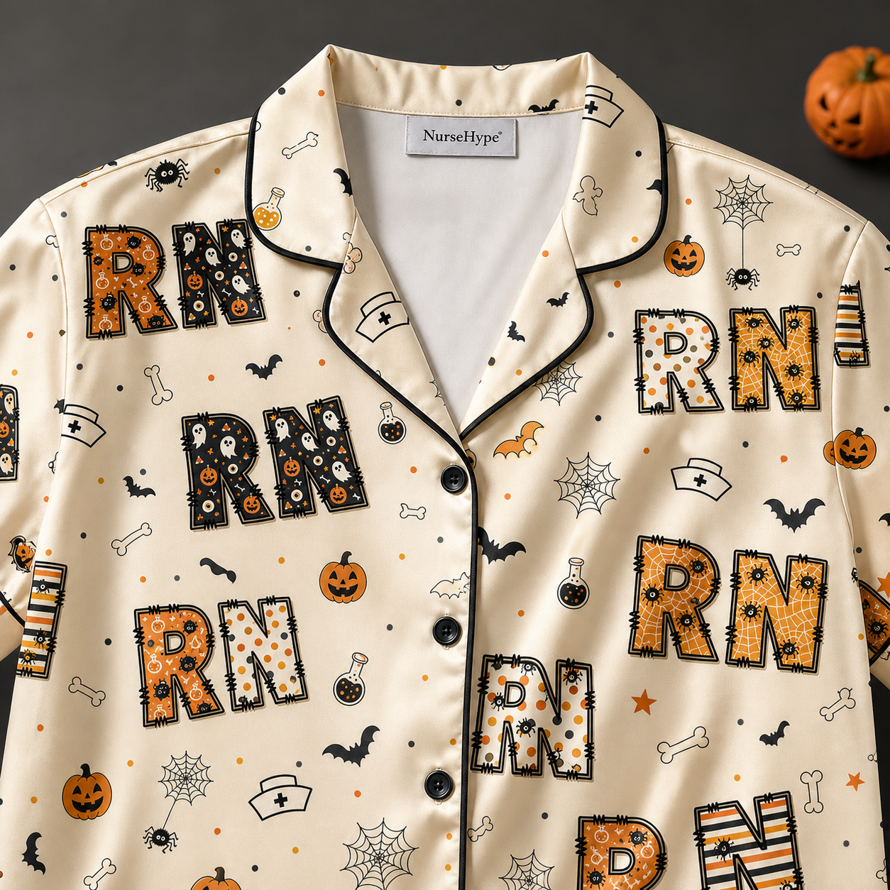 Spooky RN Halloween Pumpkin Nurse Satin Pajama Set - Collar close up