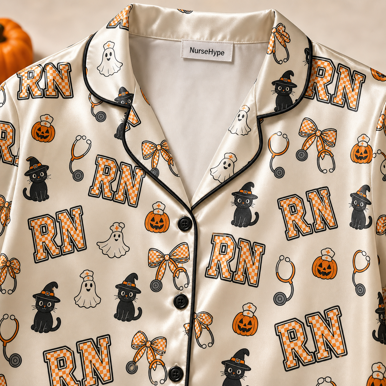 Ivory Black Cat Ghost RN Halloween Satin Pajama Set