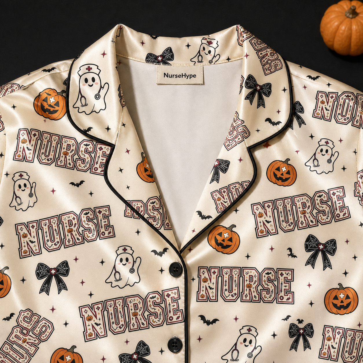 Spooky Nurse Ghost Pumpkin Satin Pajama Set - Collar detail
