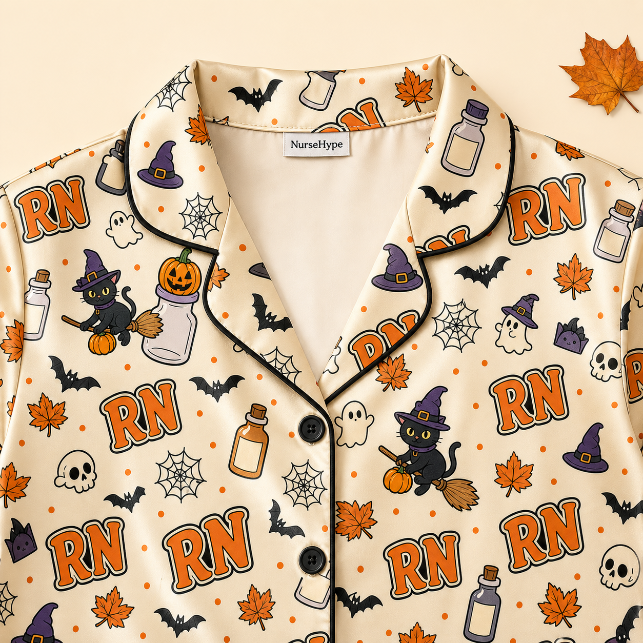Witch Cat RN Halloween Satin Pajama Set