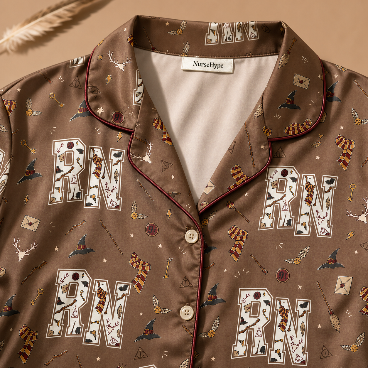 Vintage Wizard RN Brown Satin Pajama Set