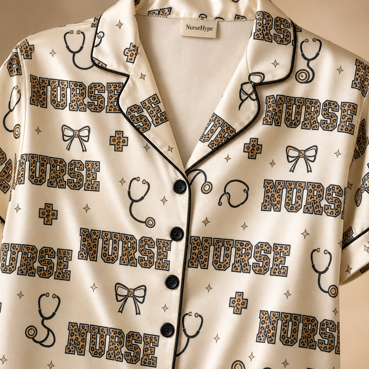Leopard Print Nurse Varsity Satin Pajama Set - Collar Close Up