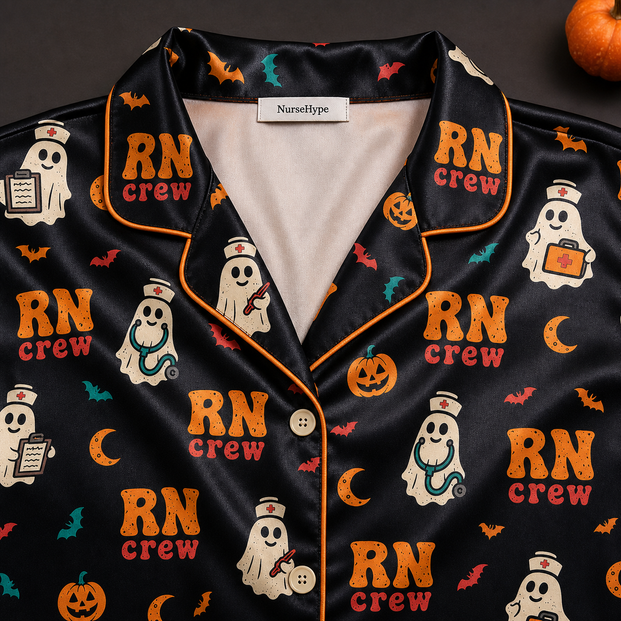 Black RN Crew Ghost Halloween Satin Pajama Set