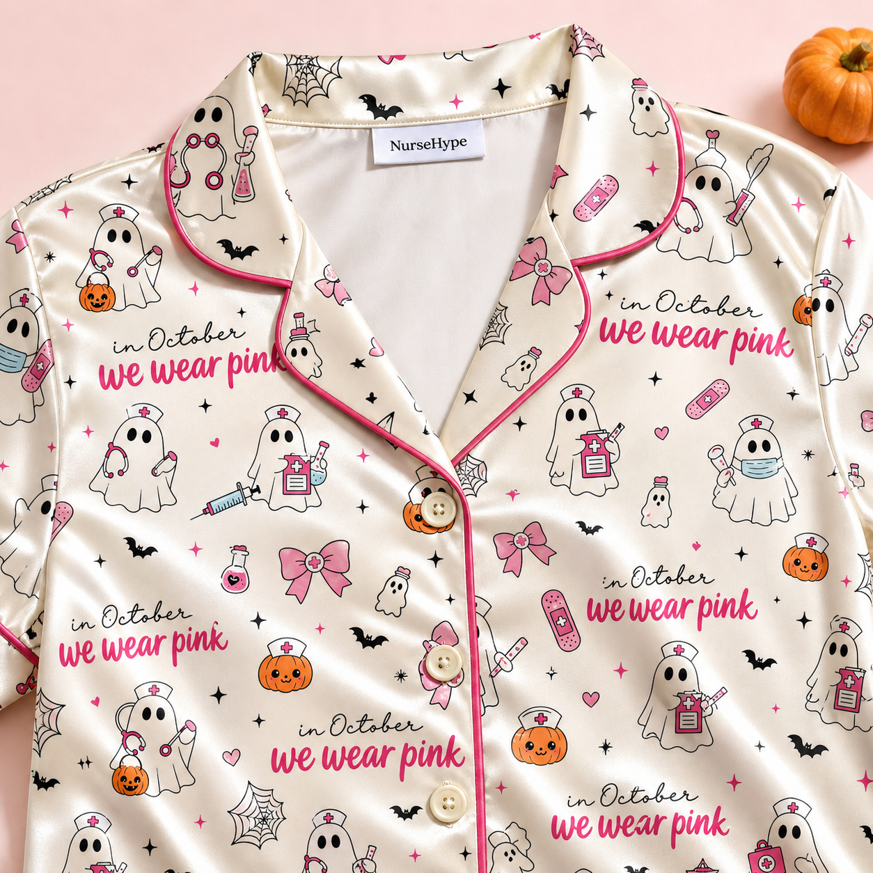 In October We Wear Pink Nurse Satin Pajama Set - Collar detail
