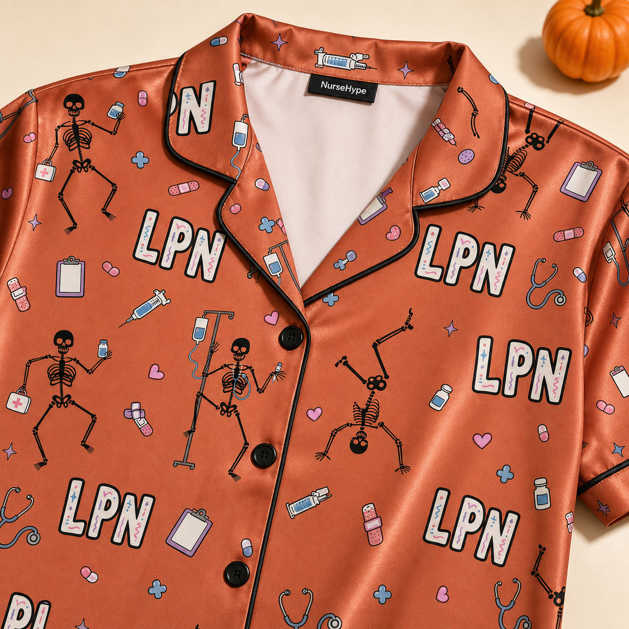 Dancing Skeleton LPN Halloween Satin Pajama Set