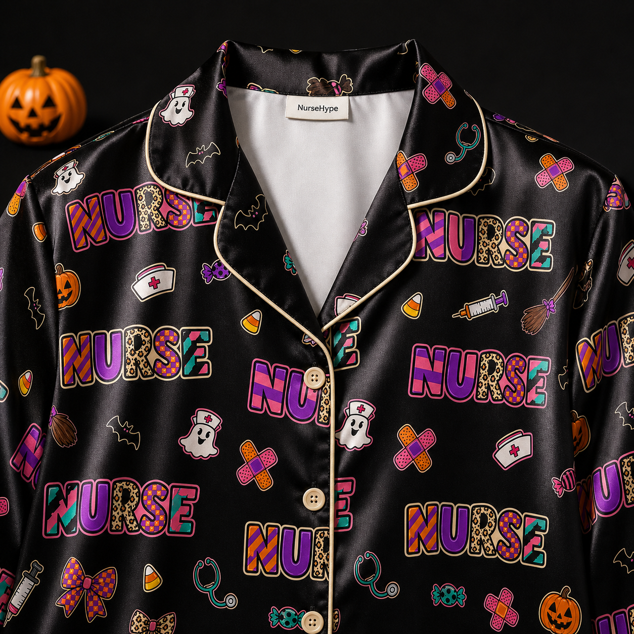 Nurse Halloween Candy Bandage Black Satin Pajama Set - Collar detail