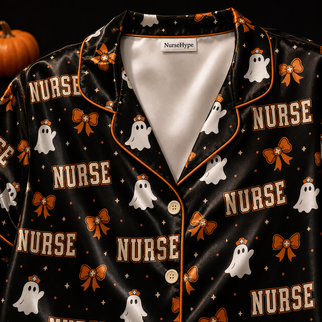 Ghost Nurse Orange Bow Halloween Satin Pajama Set - Collar detail