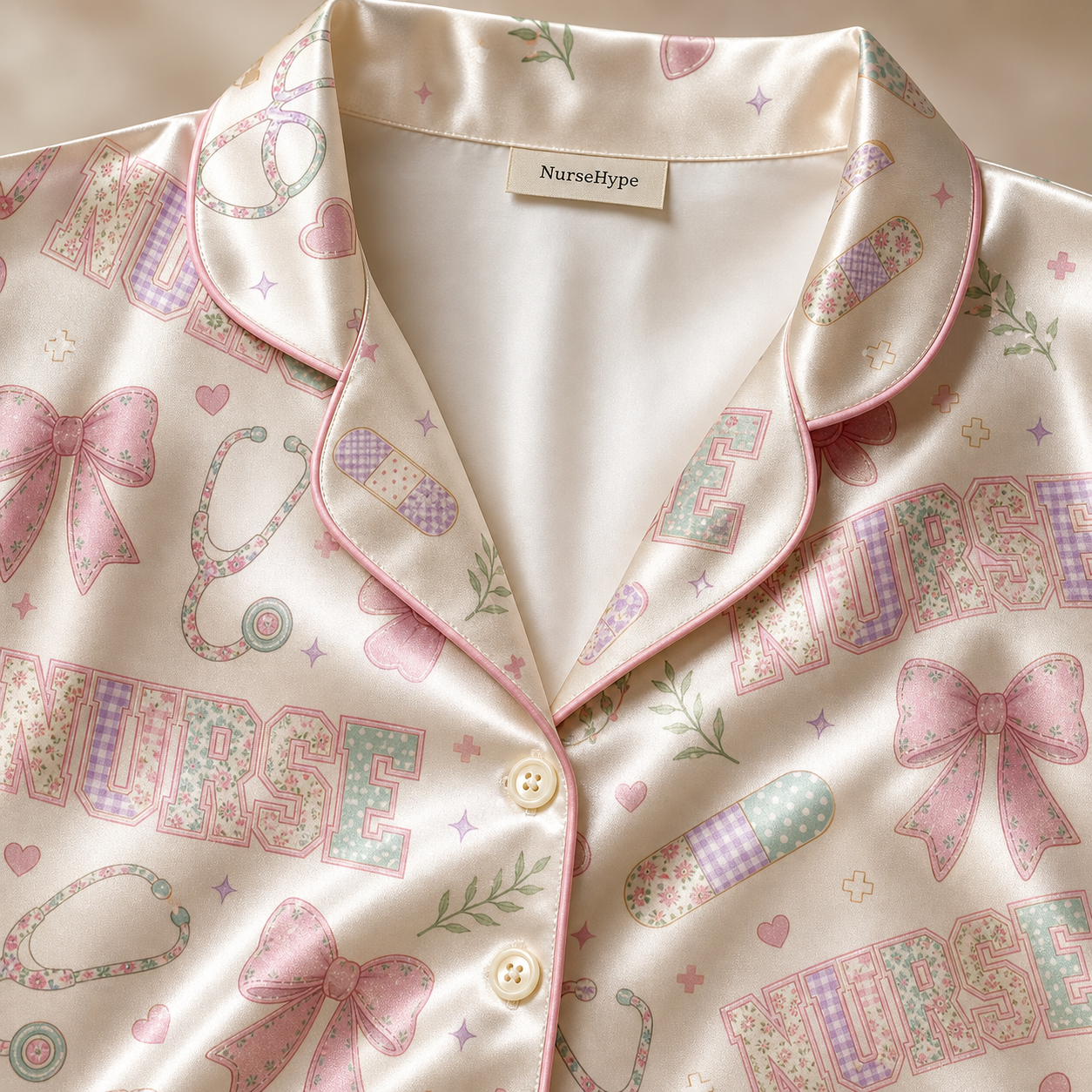 Cute Nurse Patchwork Bandage Bow Ivory Satin Pajama Set - close up collar detail