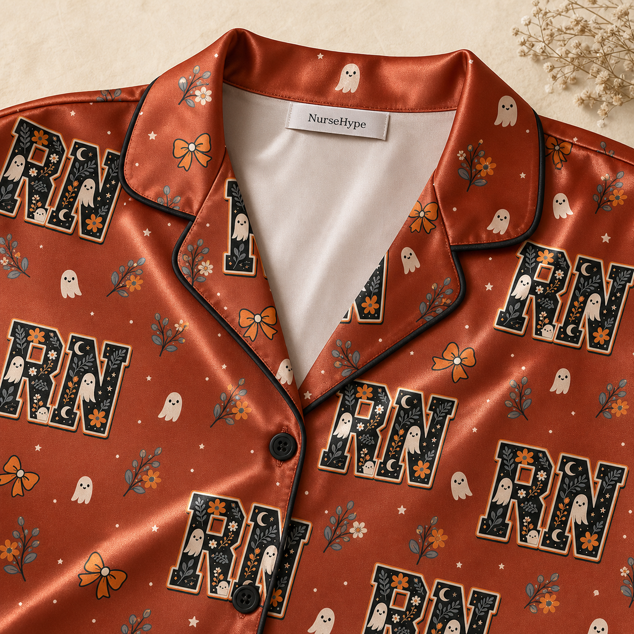 Boho Ghost Bow RN Halloween Satin Pajama Set - Collar close up