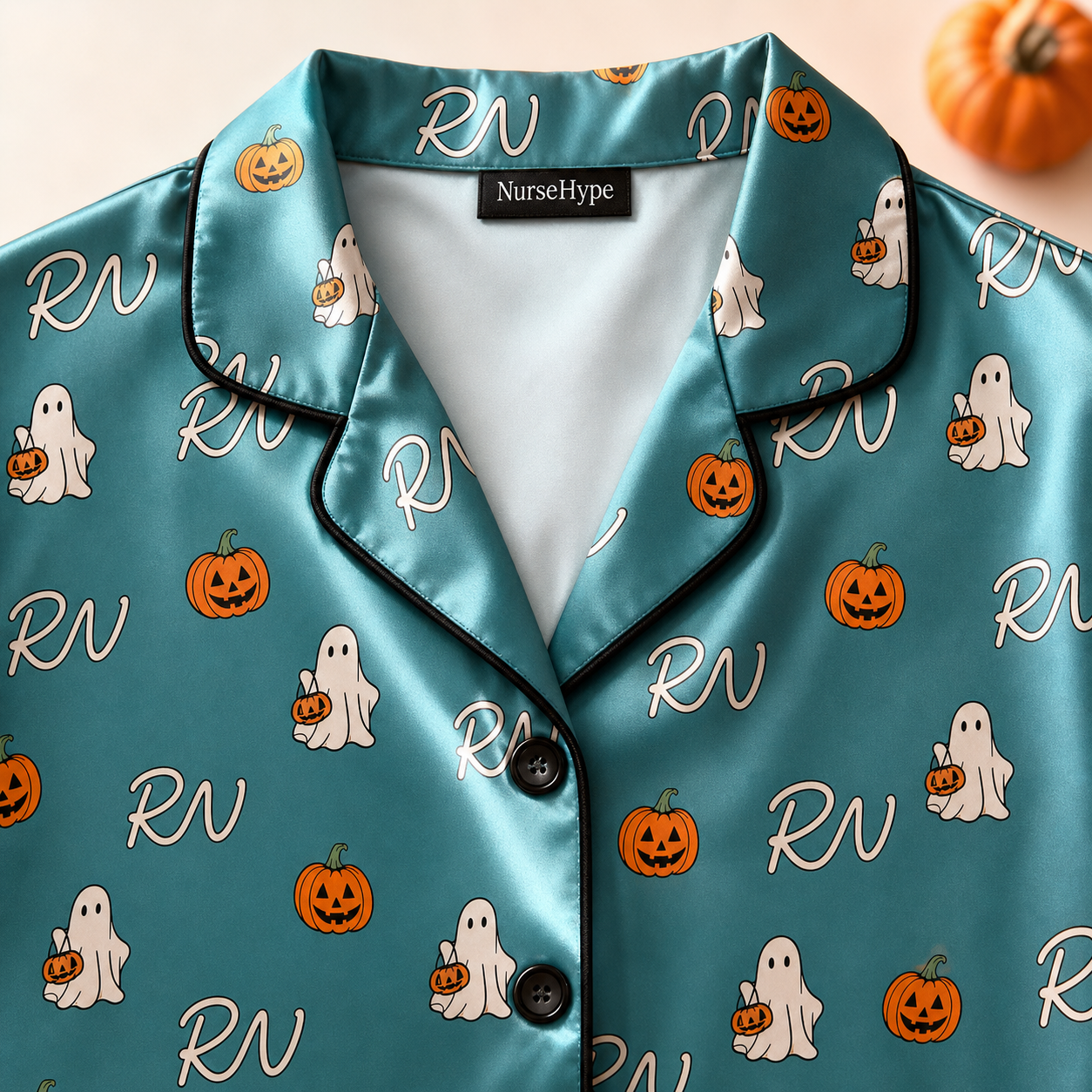 Teal Pumpkin Ghost RN Halloween Satin Pajama Set