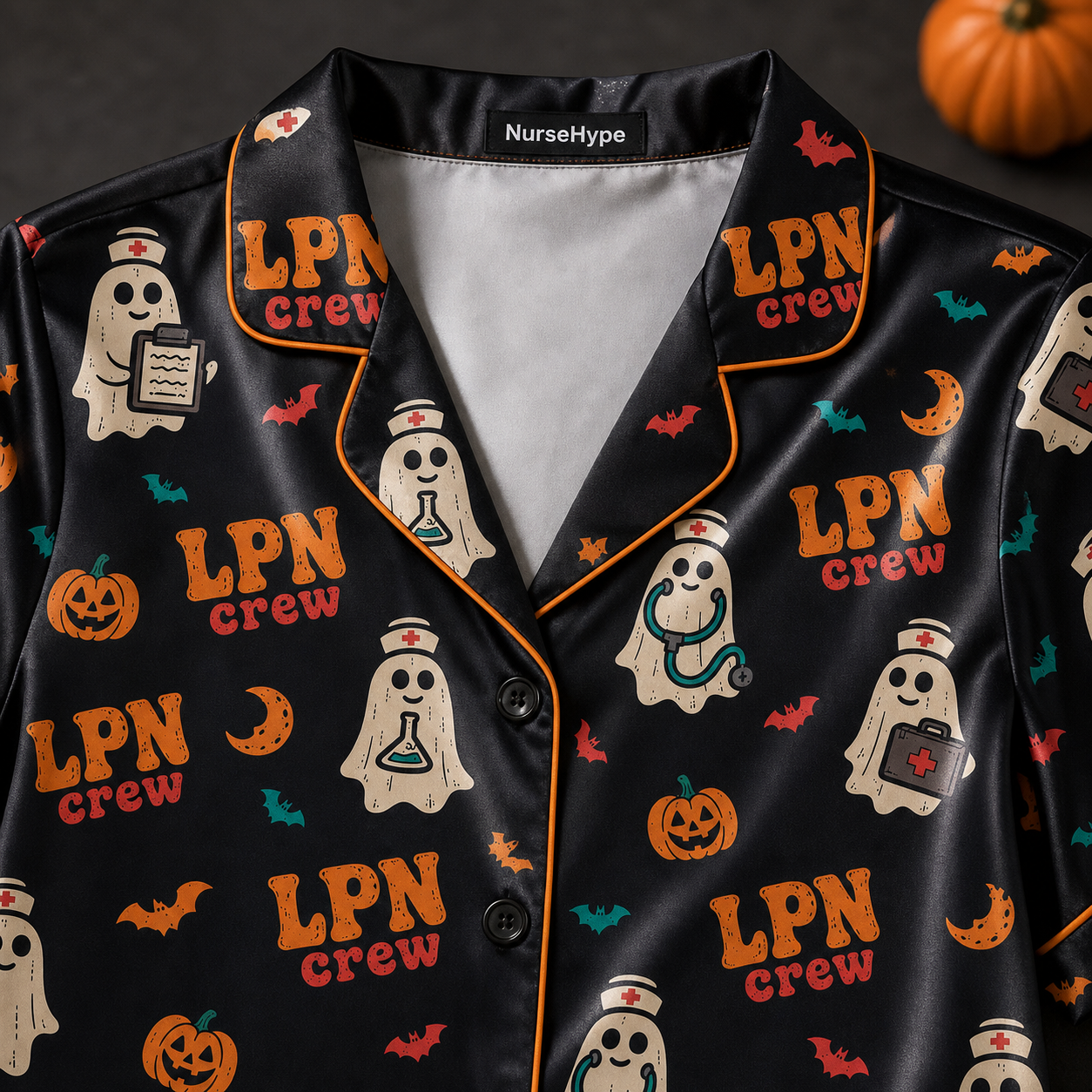 Black LPN Crew Halloween Ghost Satin Pajama Set - Collar close up