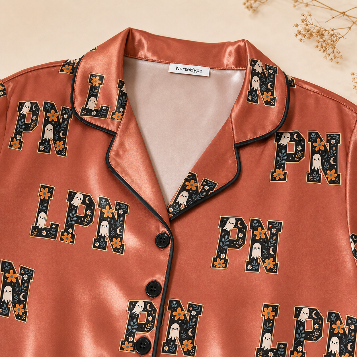 Terracotta Floral Ghost LPN Halloween Satin Pajama Set